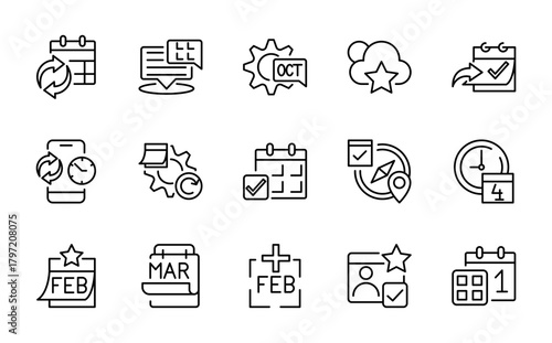 Calendar line icon set. Schedule, month, week, day, appointment, agenda, organization, event, time, planning, stopwatch, date line icon pack.