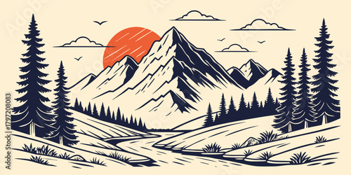 Mountain Landscape with River, Pine Trees and Sunset