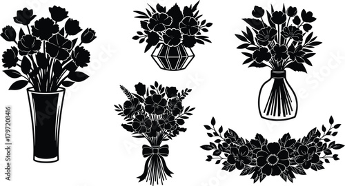 Elegant black floral silhouette collection with flower bouquets and vases, botanical decorative design, minimalist vector illustration for modern art