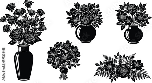 Elegant black floral vase and bouquet silhouette collection, decorative flower arrangement vector design, modern botanical art for print and decor