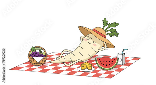 Relaxing Parsnip Character on Chequered Blanket Enjoying Summertime Picnic Scene