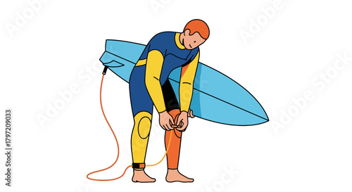 Surfer Preparing For Beach Waves Adventure with Surfing Board and Wetsuit Ready