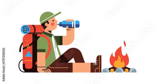 Resting Hiker by Campfire: A Moment of Refreshment Amidst Adventurous Wilderness