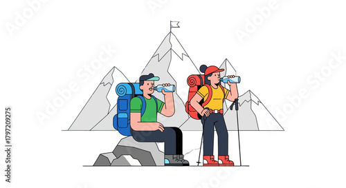 Resting Hikers Quench Thirst After Adventurous Climb On Mountain Summits Refreshing Themselves