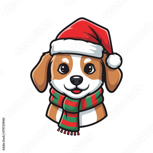 Cartoon illustration of a cute brown dog wearing a Santa hat and striped Christmas scarf.