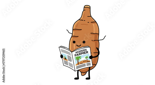 Sweet Potato Character Reading Modern Farmer Magazine Isolated on Black Background