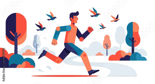 Runner Embodying Freedom Amidst Nature's Melody With Birds Flying Overhead