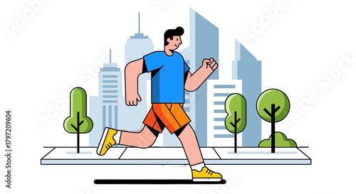 Runner in Urban Setting Depicted in Modern Illustration with Buildings and Nature