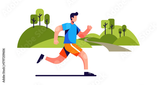 Runner in Park, Healthy Lifestyle, Exercise, Running and Vector Illustration, On Black