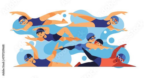 Swimming Athletes Competing In Freestyle Style, Aquatic Athletes Doing Sport Illustration