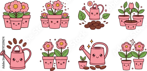 Cute pink watering cans and flower pots with smiling faces, adorable cartoon gardening illustration featuring happy flowers and green leaves