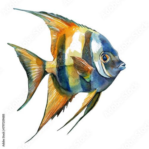 Painted_in_watercolor, this _artistic_angelfish_features_a clean_composition, hand-drawn_with_elegance, isolated_on_white, vector_EPS. vectorized