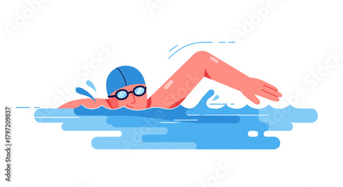 Swimming Illustration: Animated Athlete Performing the Front Crawl in Blue Water, Dark Background