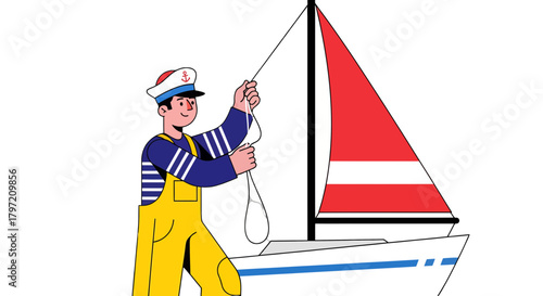 Sailor Navigating a Sailboat Against a Black Backdrop, Colorful Illustration