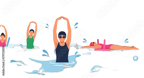 Swimming Training Illustration Depicting Various Strokes in Open Water Activities