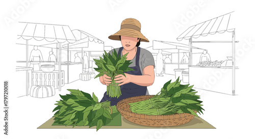 Shopkeeper Showcasing Fresh Greens At A Farmers Market Featuring Simplified Drawing Style