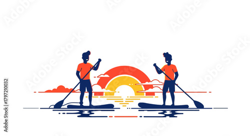 Silhouette Paddlers At Sunset Depicts Water Sports Joy With Vibrant Color Palette