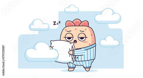Sleepy Character Embracing a Pillow, Surrounded by Fluffy Clouds in a Cartoonish Setting