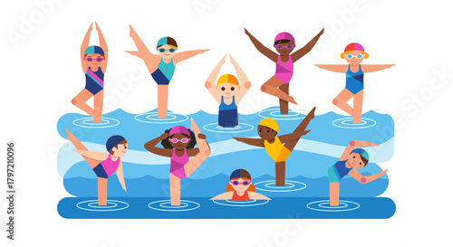 Synchronized Swimmers Performing Artistic Routines in the Middle of a Pool to the Music