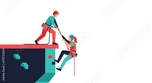 Teamwork And Support Demonstrated During A Challenging Climb In A Modern Illustration