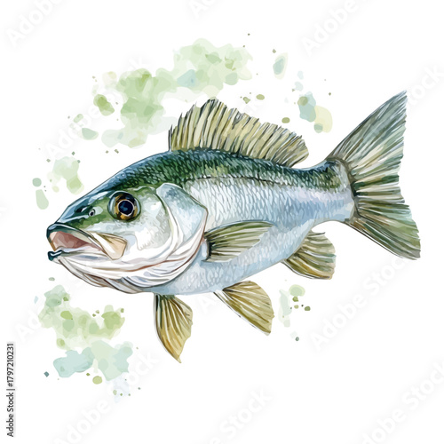 Minimal_Painted_in_watercolor, bass_fish, isolated_on_white, vector_EPS. vectorized
