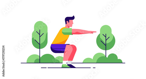 Squat Exercise Illustration Demonstrating a Person Exercising Outdoors in a Park Setting