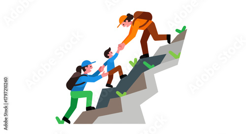 Teamwork And Support Demonstrated Through Mountain Climbing For Success, Vector Illustration