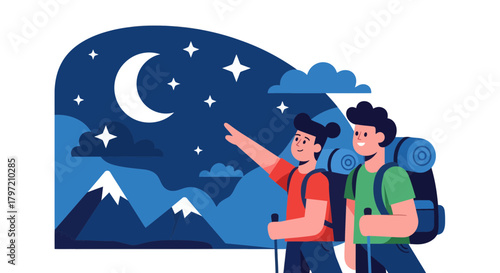 Stargazing Adventure: Hiking Friends Encountering the Majestic Night Sky On A Mountain