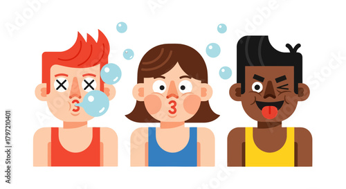 Three Playful Individuals Blowing Bubbles, Expressing Different Quirky Emotions With Unique Styles