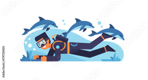 Subaquatic Adventure: Diver Interacting With Playful Aquatic Mammals In Deep Waters