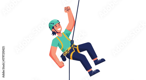 Thrilling Adventure: A Happy Climber Ascending a Rope Against a Dark Backdrop