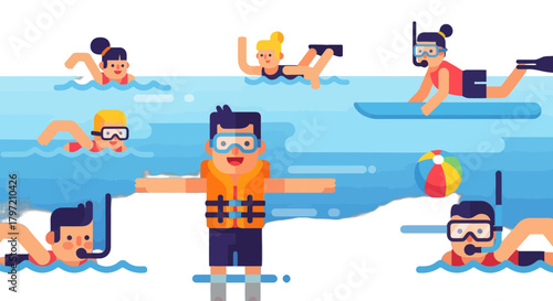 Summer Aquatic Adventure: Joyful People Enjoying Snorkeling, Surfing, and Swimming Together