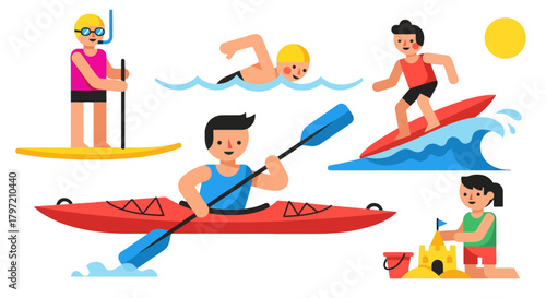 Summer Activities At The Beach: Surfing, Kayaking, Swimming, Building Sandcastles And Paddleboarding