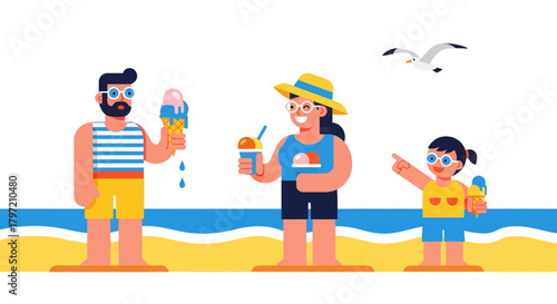 Summer Beach Day Illustration: Family Enjoying Ice Cream Against a Dark Sky Background