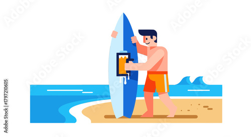 Summer Fun: Surfer With Beverage Enjoying Beach Vibes After Surfing, Vector Illustration