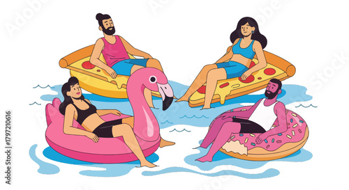 Summer Fun: Friends Enjoying Poolside Relaxation with Unique Inflatables
