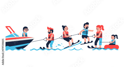 Summer Fun: Waterskiers And Boaters Enjoy Recreation On The Lake Together