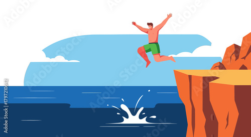 Thrilling Moment of a Man Diving Into The Ocean From A Cliff on a Summer Day