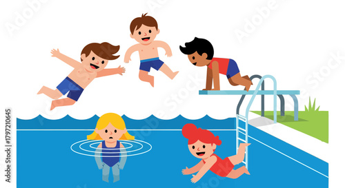 Summer Fun With Cheerful Children Celebrating With Joy in a Bright Swimming Pool