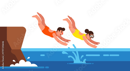 Thrilling Moment of Two Individuals Diving Into Water, Depicting Summer Adventure