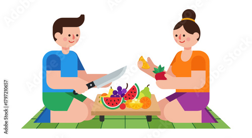 Summer Picnic Illustration Depicting Couple Enjoying Fresh Fruits and Refreshments Together