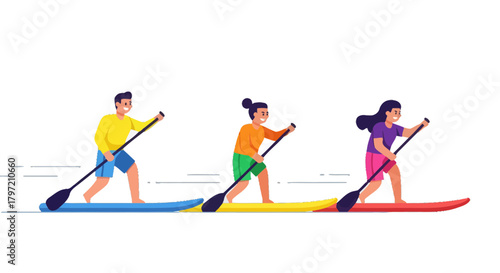 Thrilling Paddleboarding Adventure Depicted With Energetic People in Colorful Attire