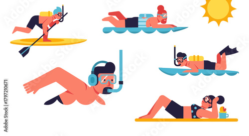 Summer Recreation and Water Sports Vector Illustration Featuring Recreational Activities