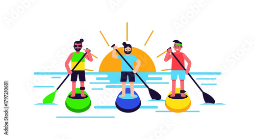 Thrilling Paddleboarding Experience: Friends Exploring the Waters at Sunset Together