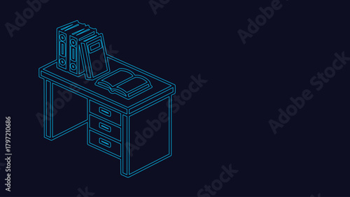 Glowing Blue Neon Outline Isometric View Of A Study Desk Furnished With Stacked Ring Binders And An Open Textbook Ready For Learning Or Professional Work In A Digital Minimalist Style