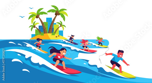 Thrilling Summer Surfing Adventure Depicting Diverse People Enjoying Beach Waves