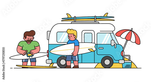 Surfboard Preparation Is Done While Awaiting A Coastal Adventure With A Camper Van