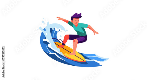 Thrilling Surf Adventure Depicted, Featuring Energetic Surfer on a Vibrant Wave