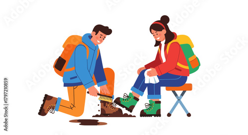 Supporting Friend Helps Remove Dirt from Hiking Boots After a Trek Adventure