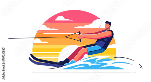 Thrilling Water Skiing Adventure Against A Vivid Sunset Scene For Summer Fun